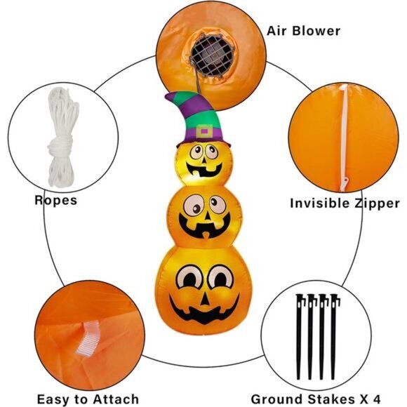 5 FT Halloween Inflatable Stacked Pumpkins w/ Witch Hat - LED Lighted Yard Decor - Picture 6 of 7